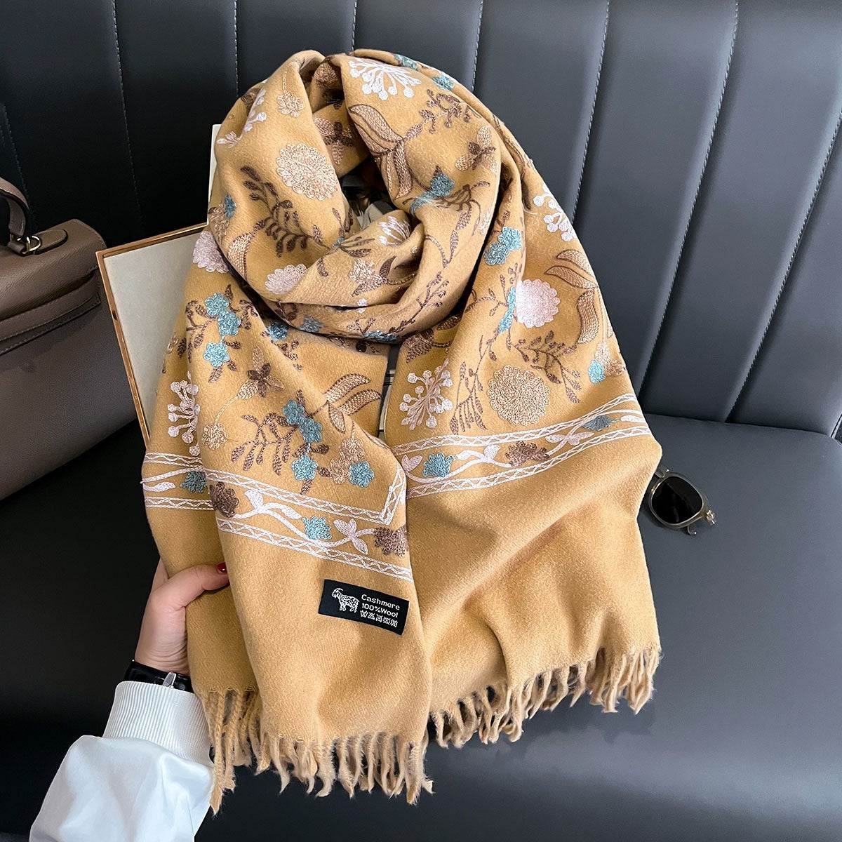 Floral Embroidered Yellow Cashmere Wool Scarf Shawl Wrap 78.7 x 27.6 Inches