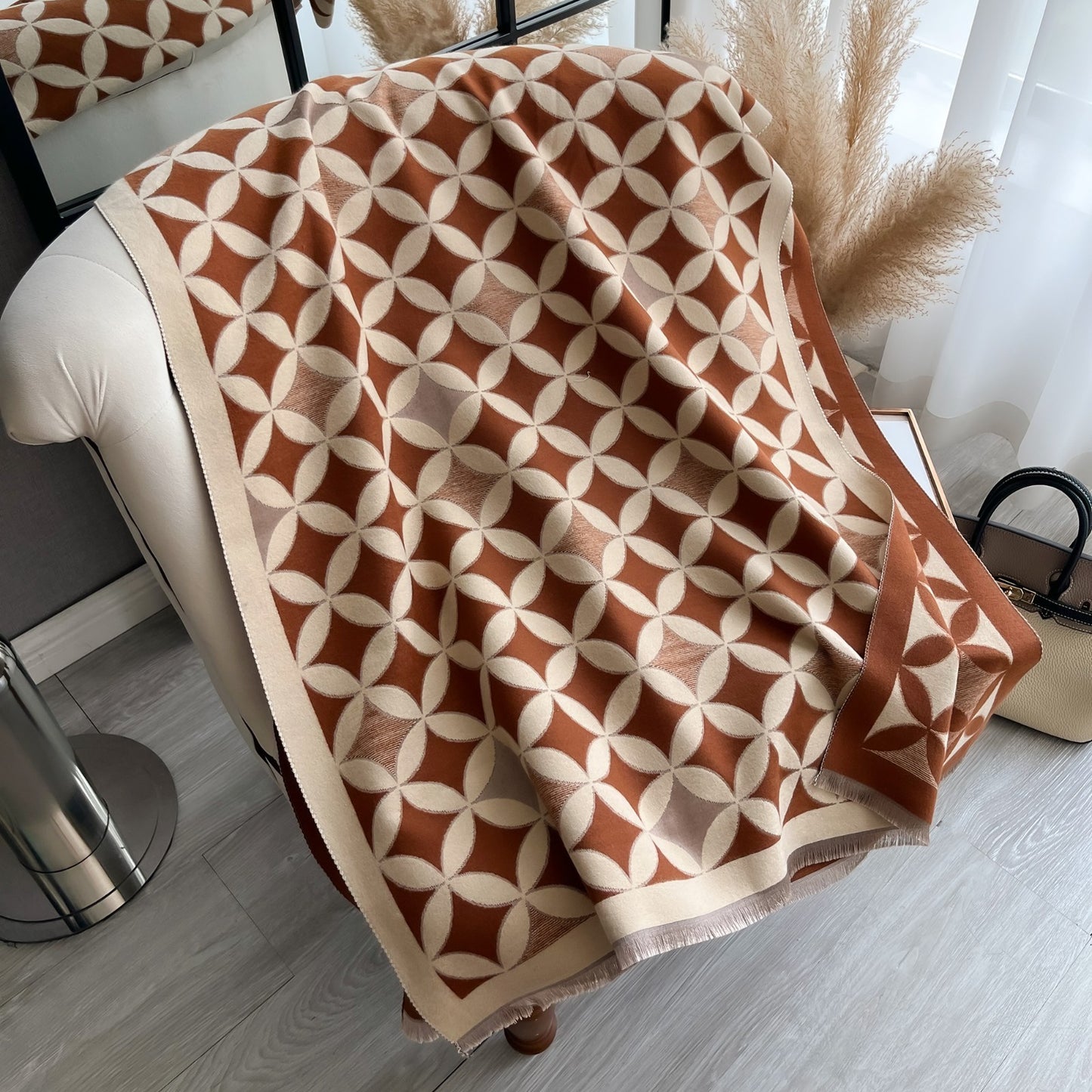 Reversible Brown Cream Geometric Quatrefoil Soft Fringed Knit Wrap Scarf Throw