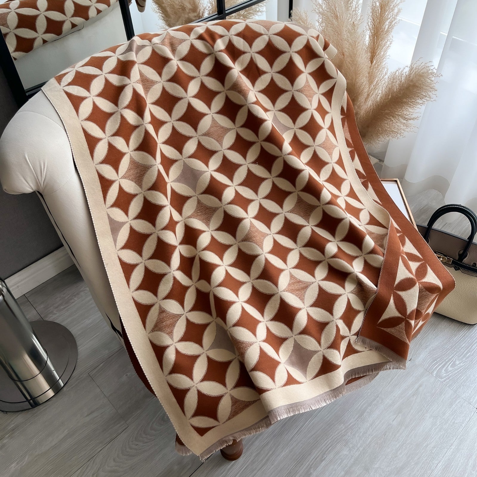 Reversible Brown Cream Geometric Quatrefoil Soft Fringed Knit Wrap Scarf Throw
