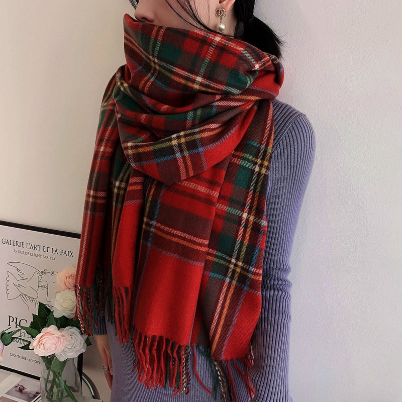Oversized Red Plaid Tartan Blanket Scarf Shawl Wrap | Winter Warm Soft Fringe