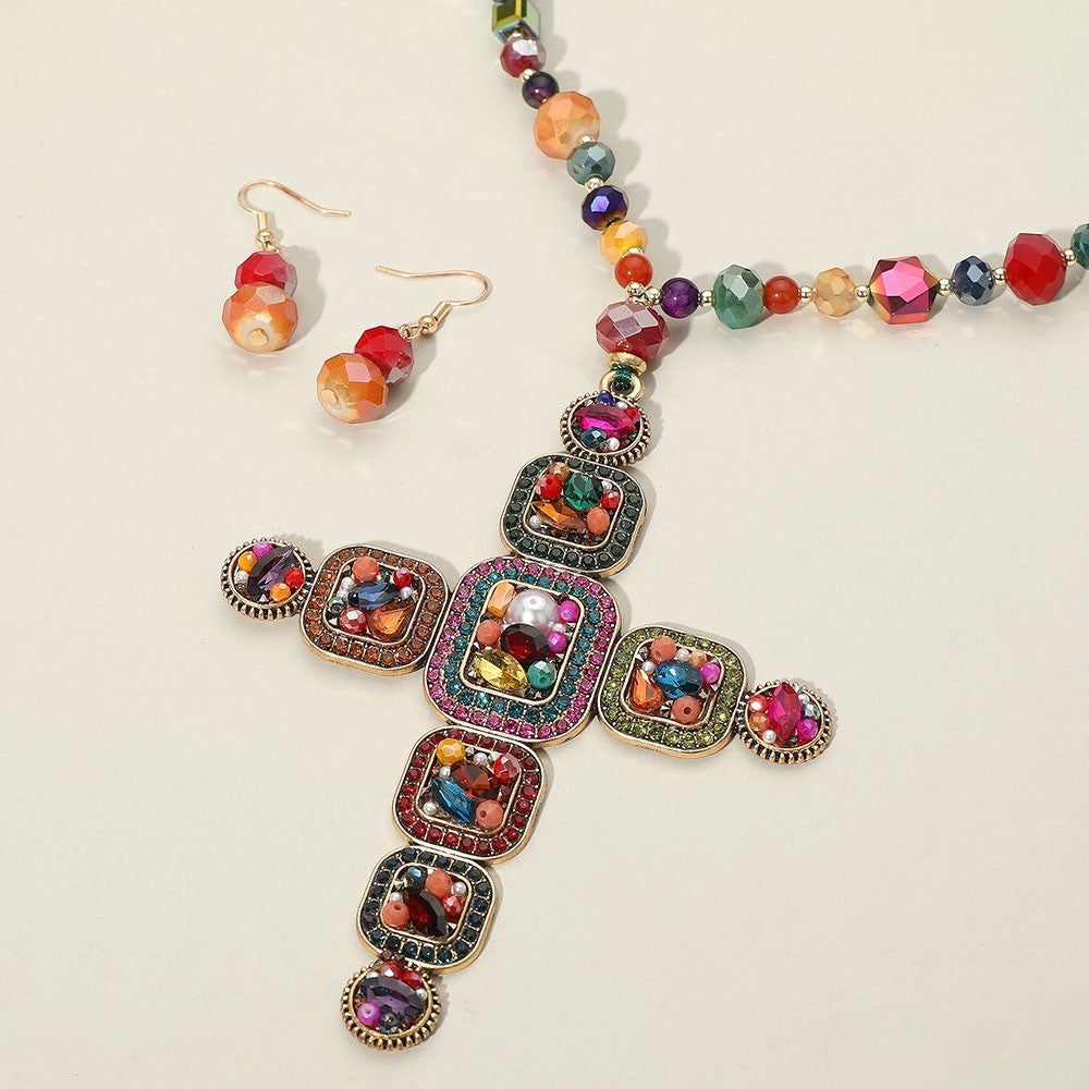 Stone Pearl Embellished Cluster Cross Pendant Faceted Beaded Long Necklace