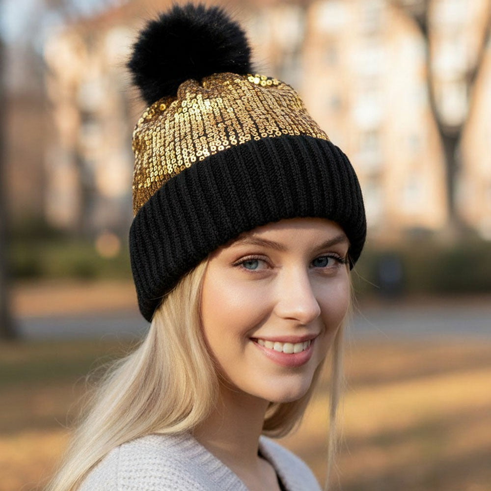 Gold Sequin Beanie Hat Black Knit Faux Fur Pom Pom Winter Toque Sparkle Skull