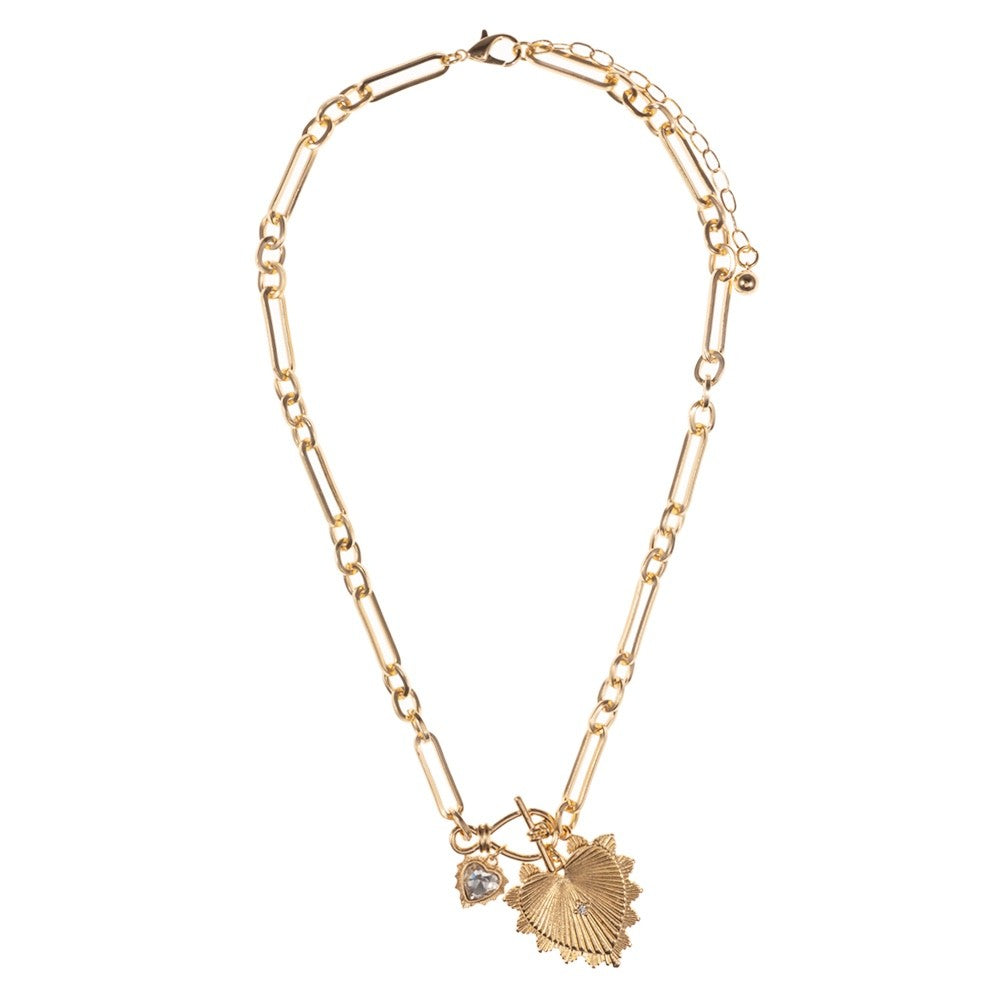 Gold Paperclip Chain Necklace with Sunburst Heart and Crystal Charm Pendants