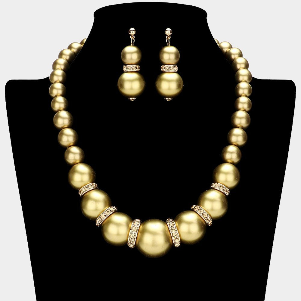 Chunky Gold Faux Pearl Statement Necklace Earrings Set Women's Rhinestone