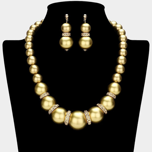 Chunky Gold Faux Pearl Statement Necklace Earrings Set Women's Rhinestone