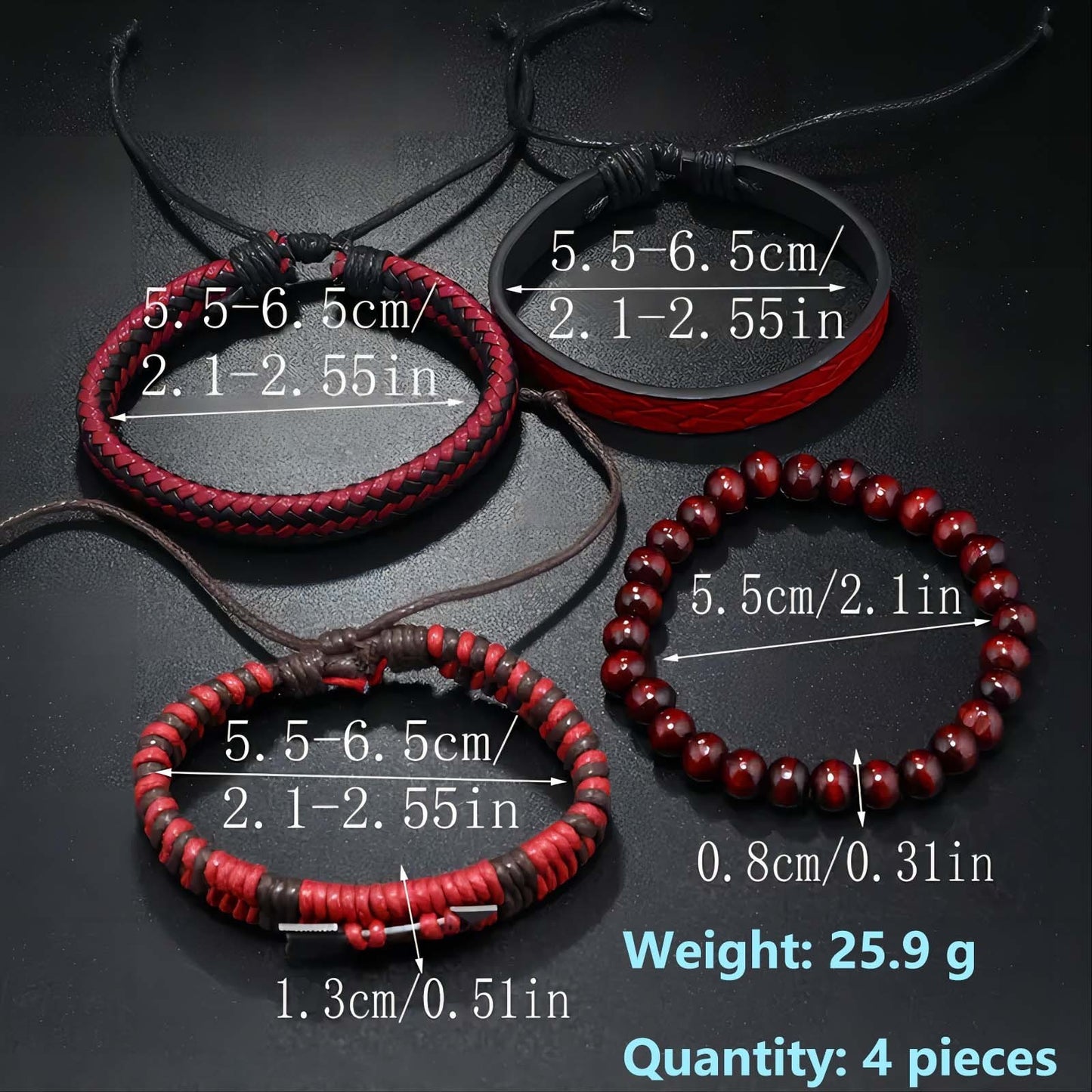 Red & Black Stacked Arrow Leather Bead Men's Bracelet Set - Adjustable Braided S