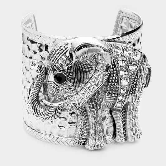 Stone Embellished Elephant Cuff Bracelet for Women Antique Silver Finish