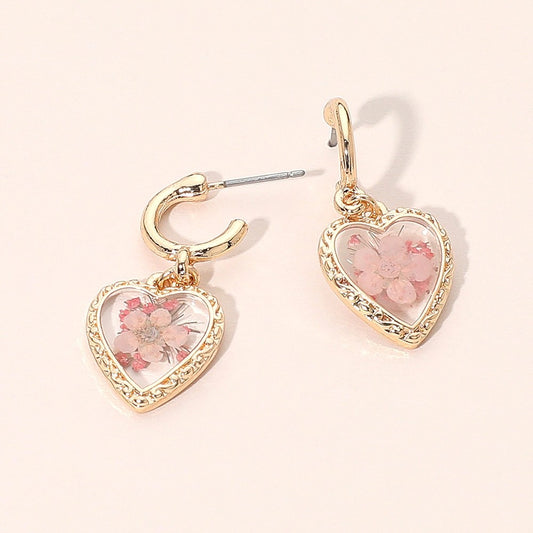 2pc Dried Pressed Flower Heart Earrings - Elegant Gold Resin Floral Jewelry Set