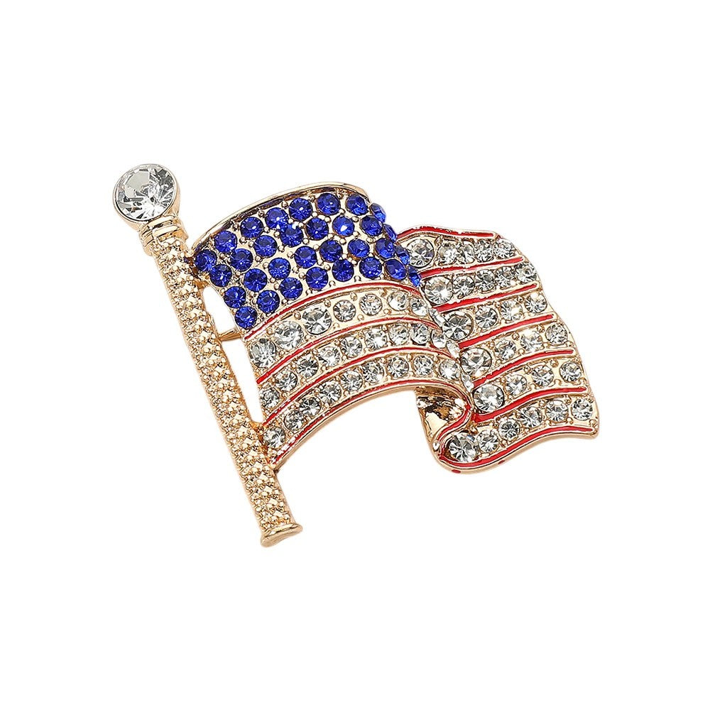 2pcs American Flag Waving Patriotic Crystal Rhinestone Brooch Pin Gold Set