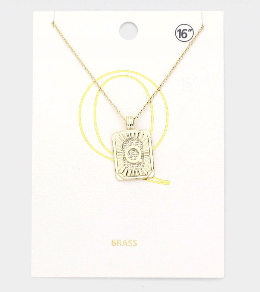 Gold Initial "Q" Rectangular Sunburst Pendant Necklace - Brass Fashion Jewelry