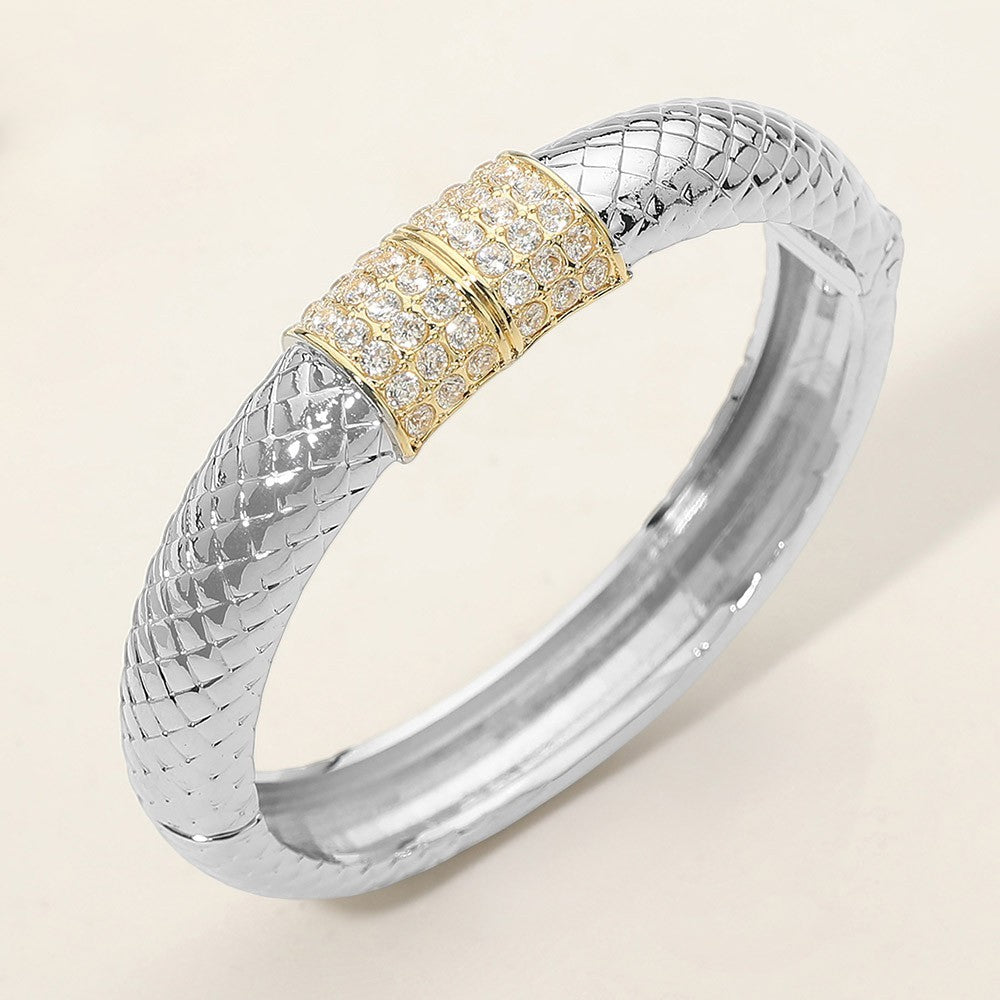 Two Tone 14K Gold Plated CZ Pave Accent Textured Bangle Bracelet Hinged Clasp