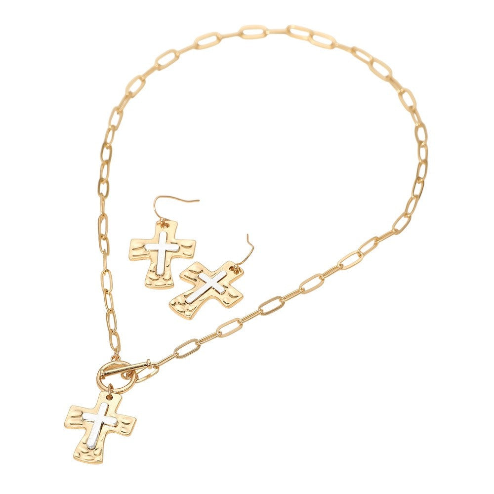 2pcs Hammered Cross Pendant Paperclip Chain Necklace Dangle Earrings Set 18.5"