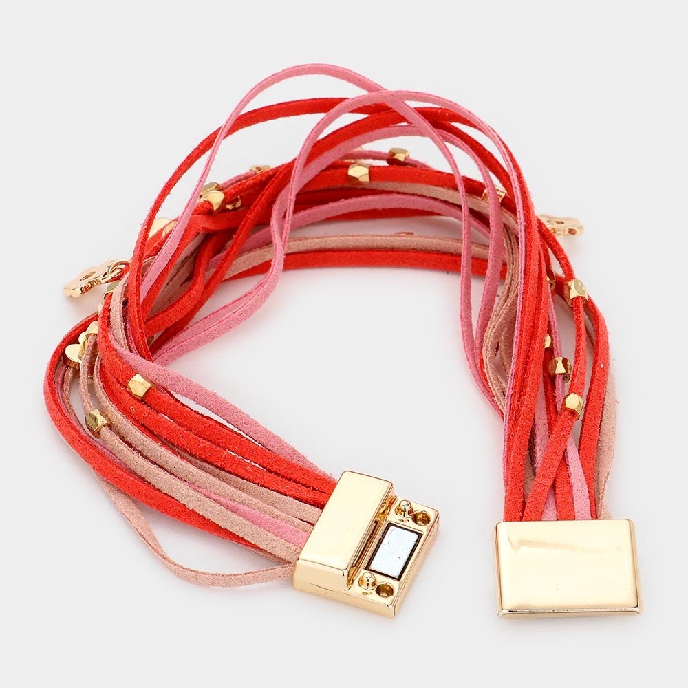Pink & Red Multi Strand Suede Layered Bracelet with Gold Flower Charms