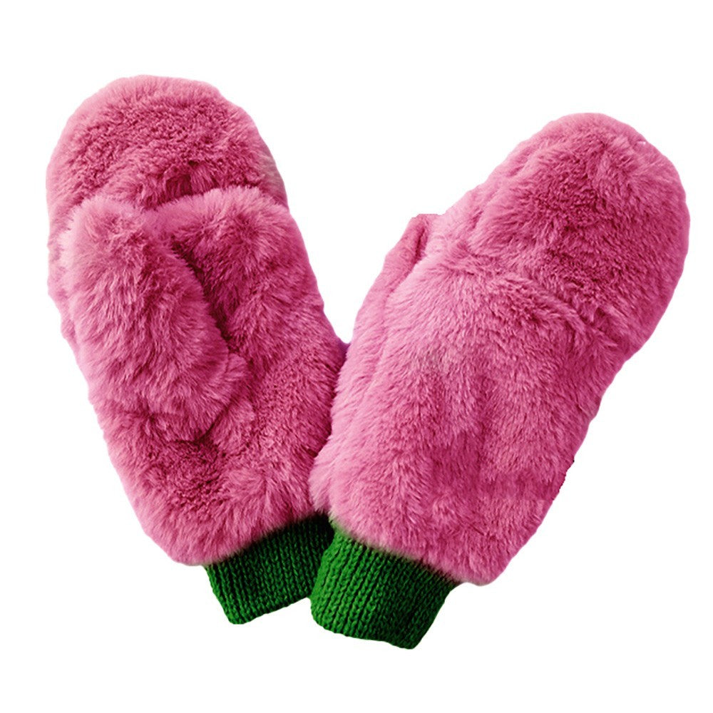 2 Piece Fuzzy Faux Fur Mitten Gloves Womens Pink OS Polyester Open Up Knit Cuffs