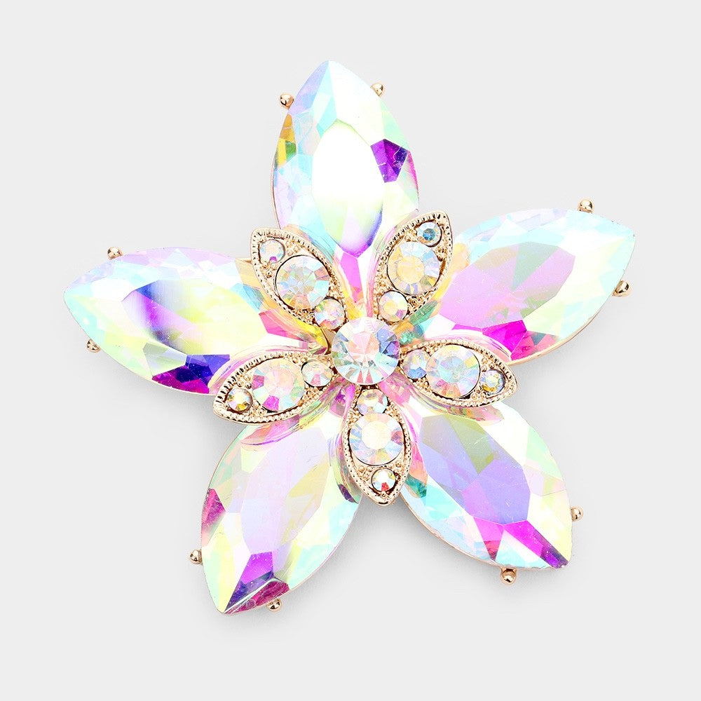 2pcs Oversized Floral Crystal Brooch Set AB Iridescent Clear Stone Statement Pin