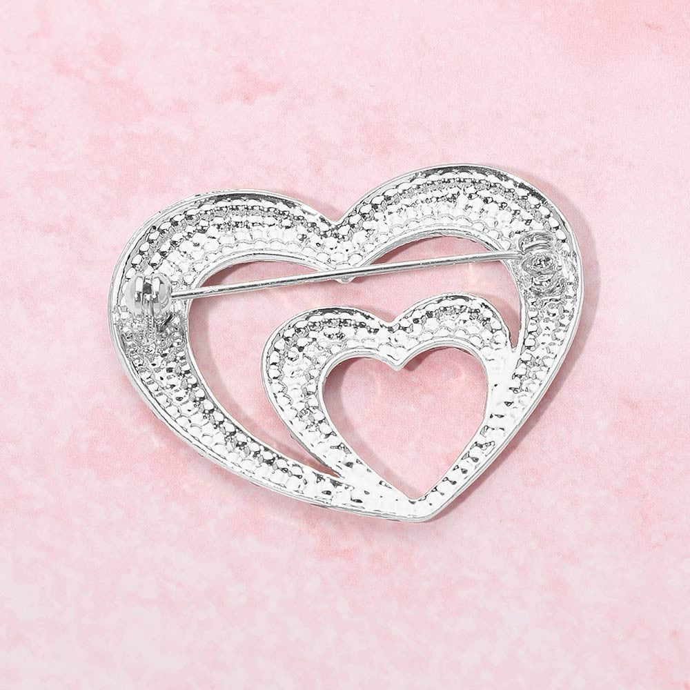 2pc Red & Silver Rhinestone Double Heart Brooch Pins Interlocking Jewelry Set