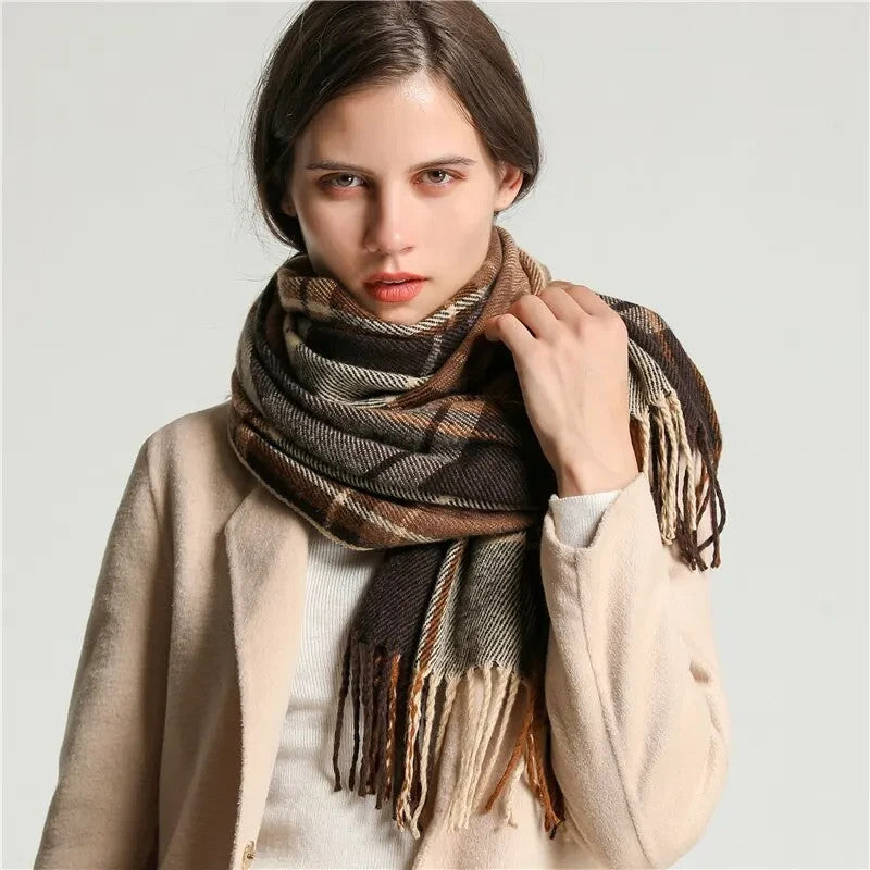 Elegant Plaid Tassel Scarf for Women & Men Brown & Beige Winter Shawl Fall Wraps
