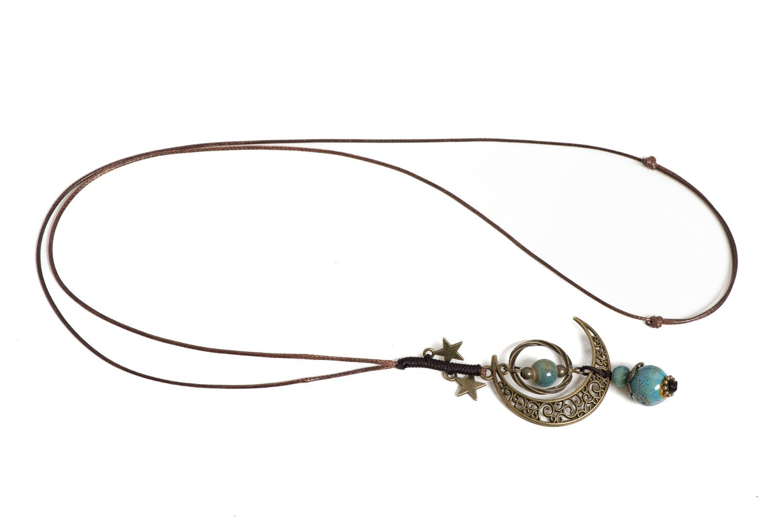 2PC Set: Boho Moon Star Ceramic Bead Long Necklace Adjustable Red & Blue Bronze