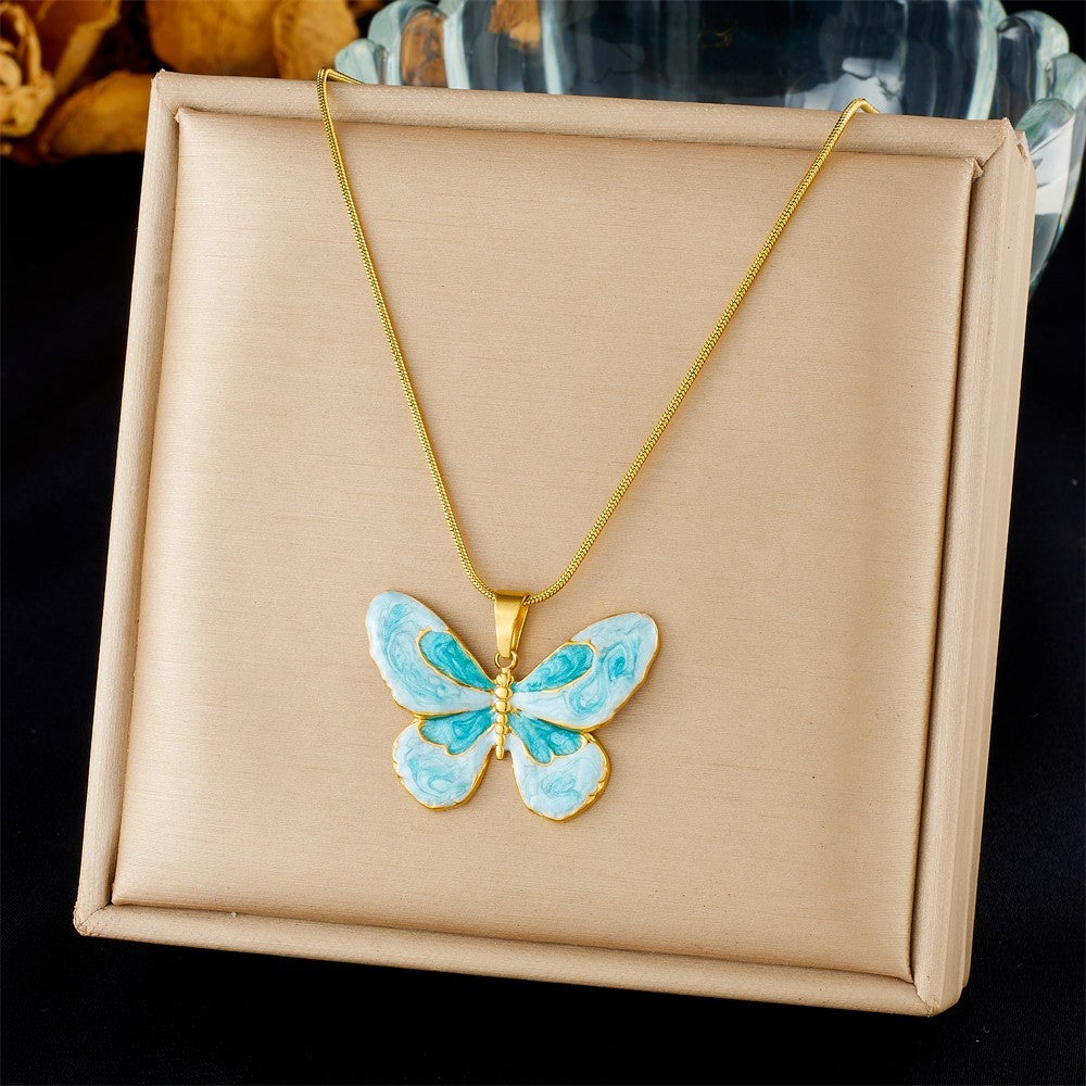 Blue Butterfly Pendant Necklace for Women Gold Tone Chain Fashion Jewelry Gift