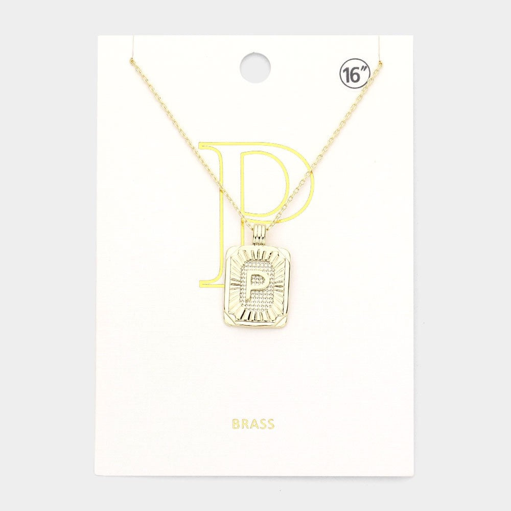 Gold Initial "P" Rectangular Sunburst Pendant Necklace - Brass Fashion Jewelry