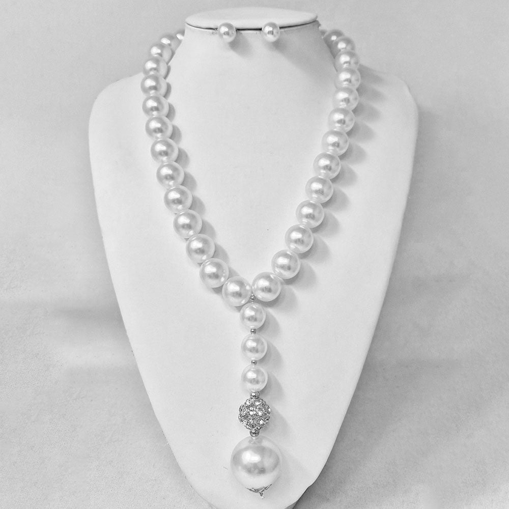 Classic Bold Pearl Beaded Y Shape Statement Necklace and Stud Earrings Set White