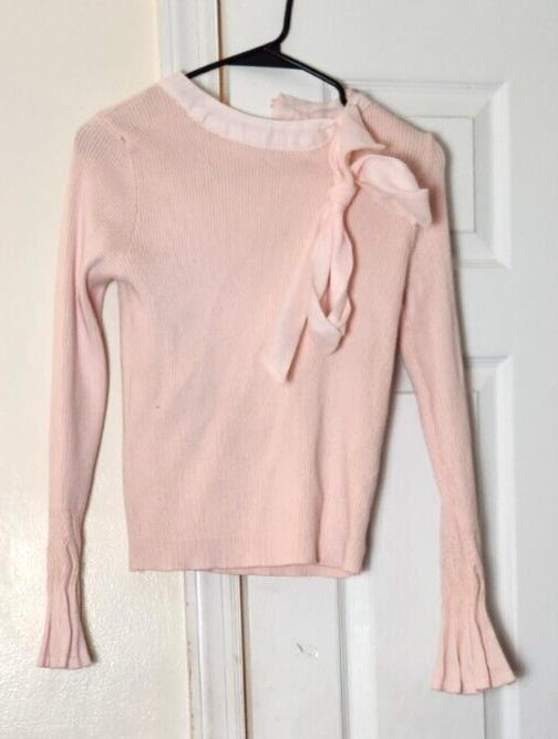 Pink Bowknot Knit Top for Women Fancy Sweater Long Sleeved Tops S/M 