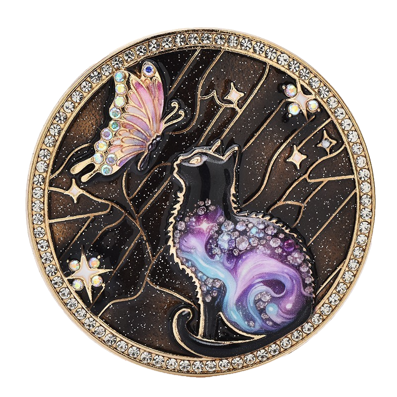 2pcs Cat Butterfly Enamel Brooch Pin Rhinestone Celestial Star Round Badge Set