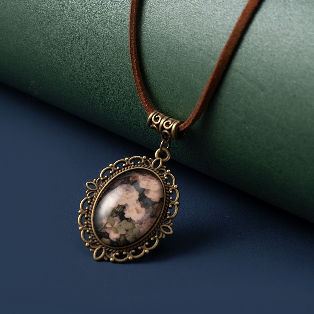 Women's Vintage Floral Rose Pendant Necklace Filigree Oval Frame
