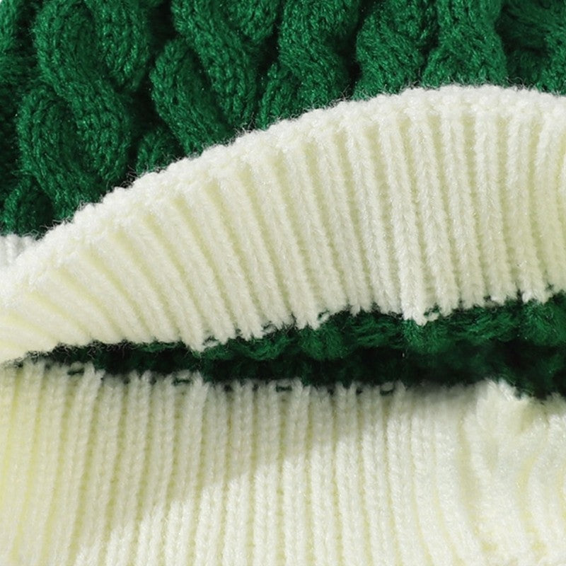 Green White Cotton Cable Knit Beanie Hat Cuffed Winter Faux Fur Pom Pom Cap