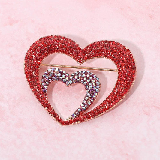 2pc Red & Silver Rhinestone Double Heart Brooch Pins Interlocking Jewelry Set