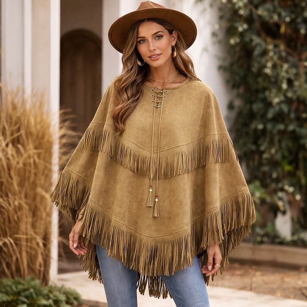 Brown Faux Suede Fringe Poncho Wrap with Lace Up Tassel Tie Neckline Outerwear
