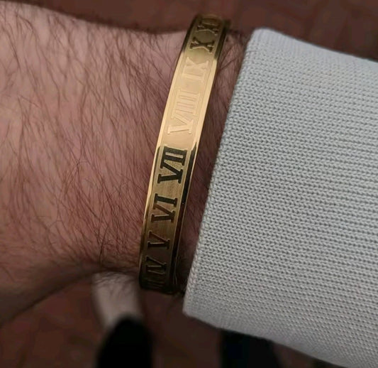Gold Tone Roman Numeral Bangle Bracelet – Stainless Steel Engraved Cuff Jewelry