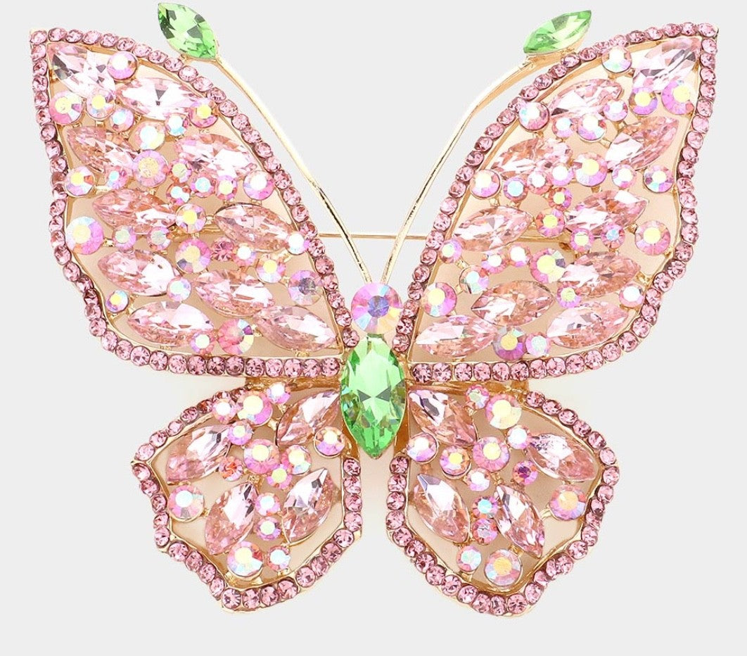 Pink Crystal Butterfly Brooch Gold Tone Large Statement Pin 4 x 3.5 Inch