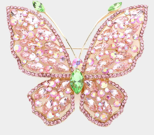 Pink Crystal Butterfly Brooch Gold Tone Large Statement Pin 4 x 3.5 Inch
