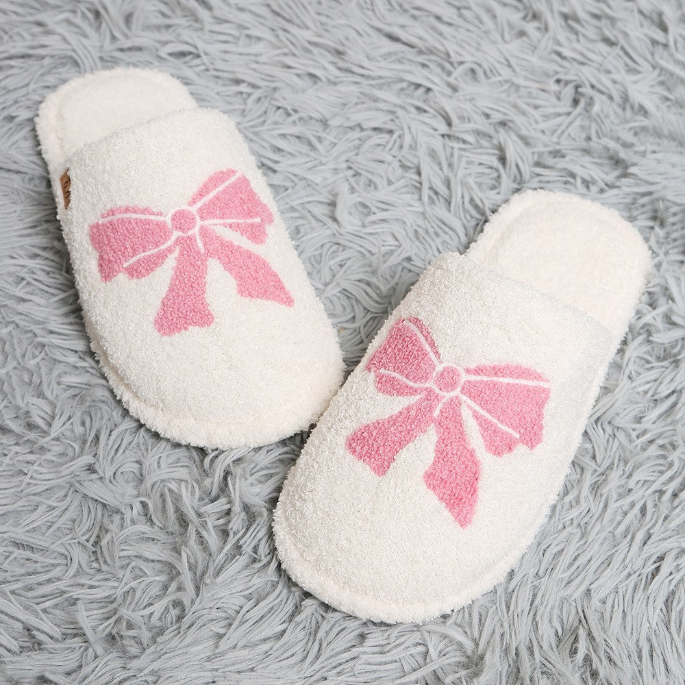 Cozy Pink Bow Fluffy Open Back Slipper Slip-On Women's S-M (US 6-8) Plush
