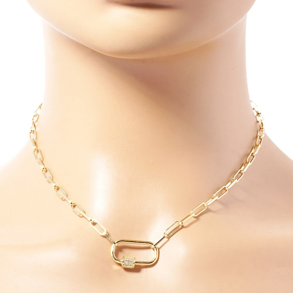 Gold Dipped CZ Carabiner Pendant Paperclip Chain Necklace Women’s Dainty Layered