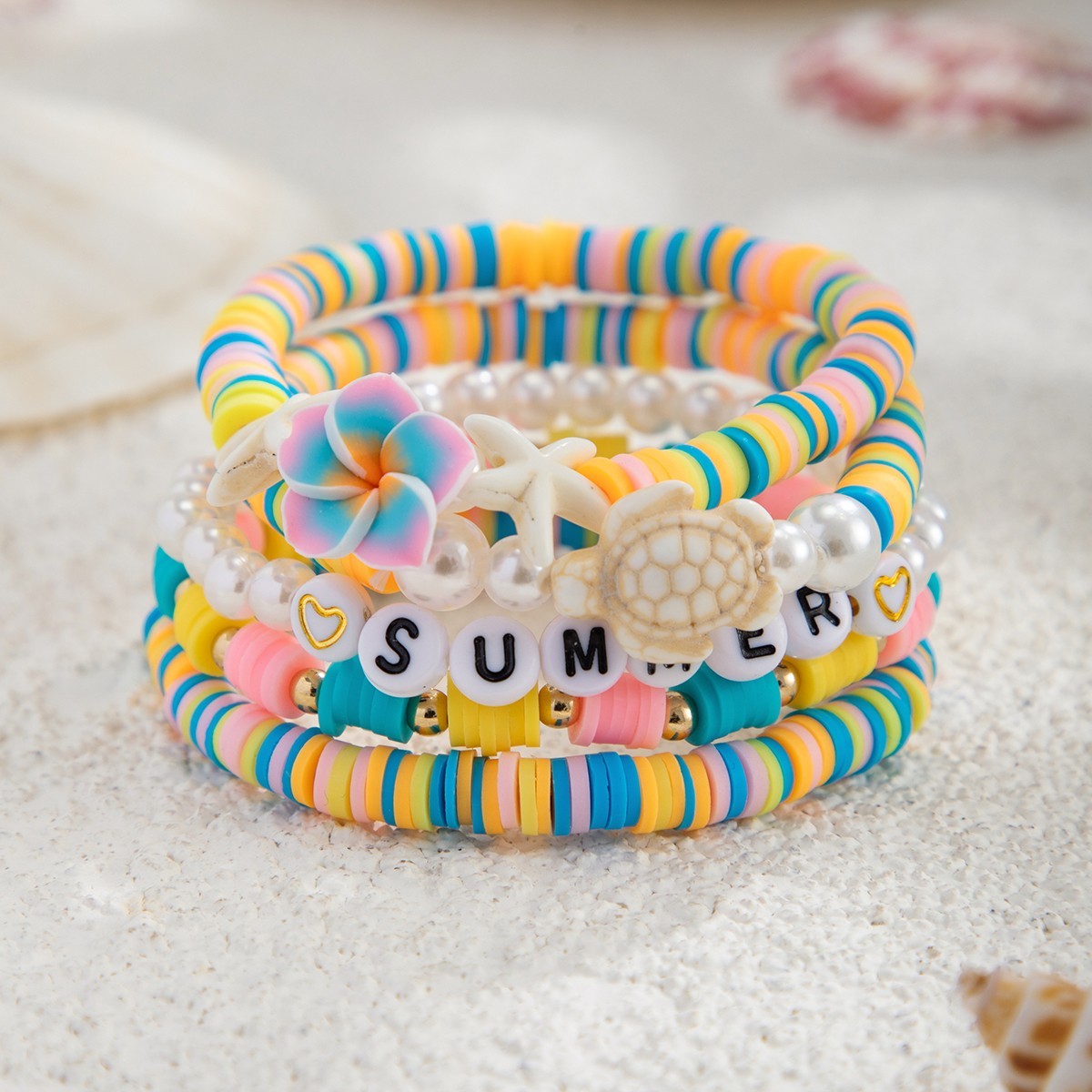 Summer Themed Beaded Bracelet Set with Turtle, Starfish & Floral Accents