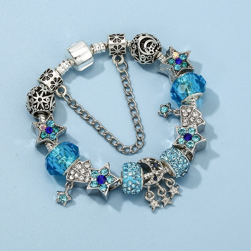 Blue Crystal Star Moon Celestial Charm Bracelet Modular Bead System Jewelry Gift