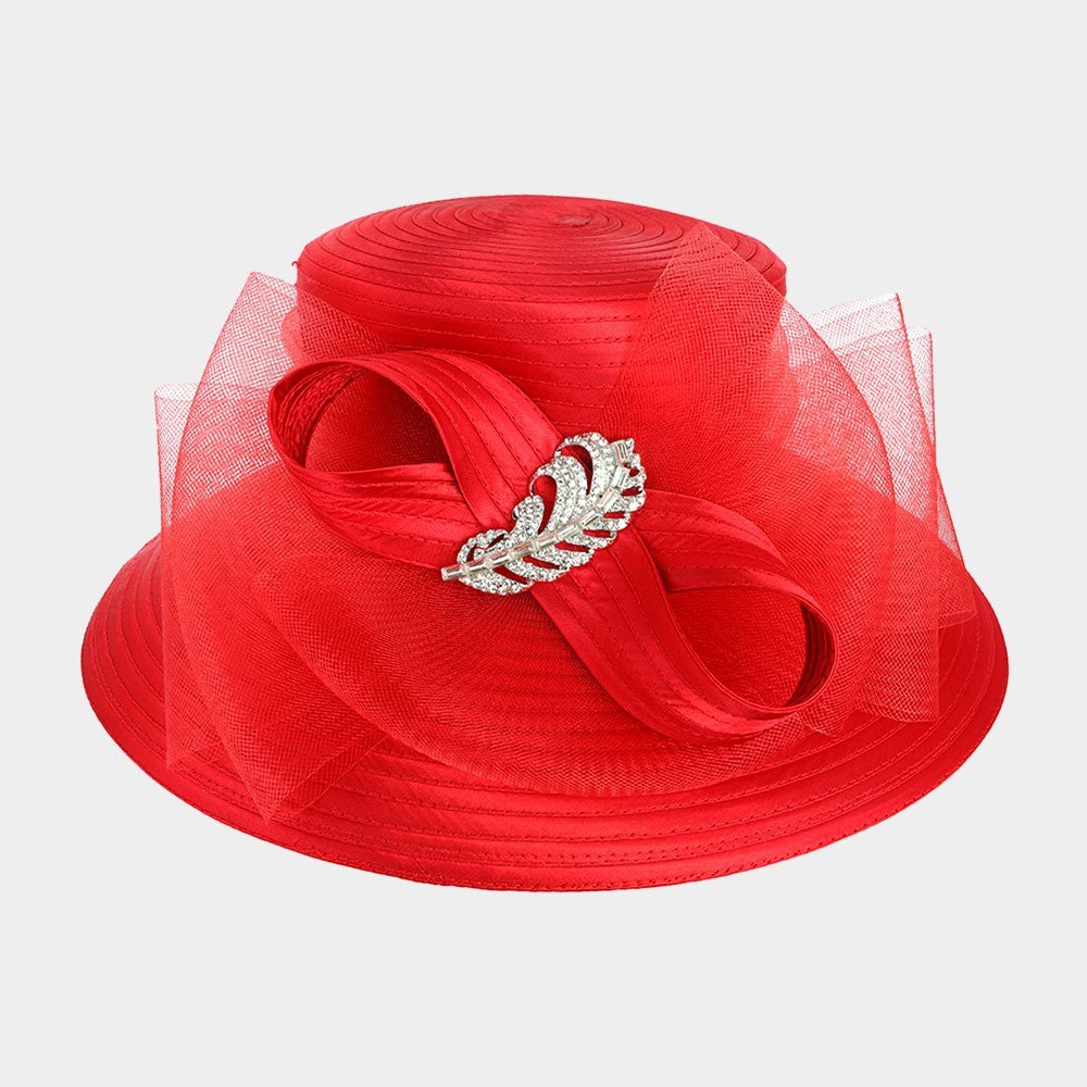 Red Wide Brim Church Derby Dress Hat Bow Crystal Accent Ladies Women's