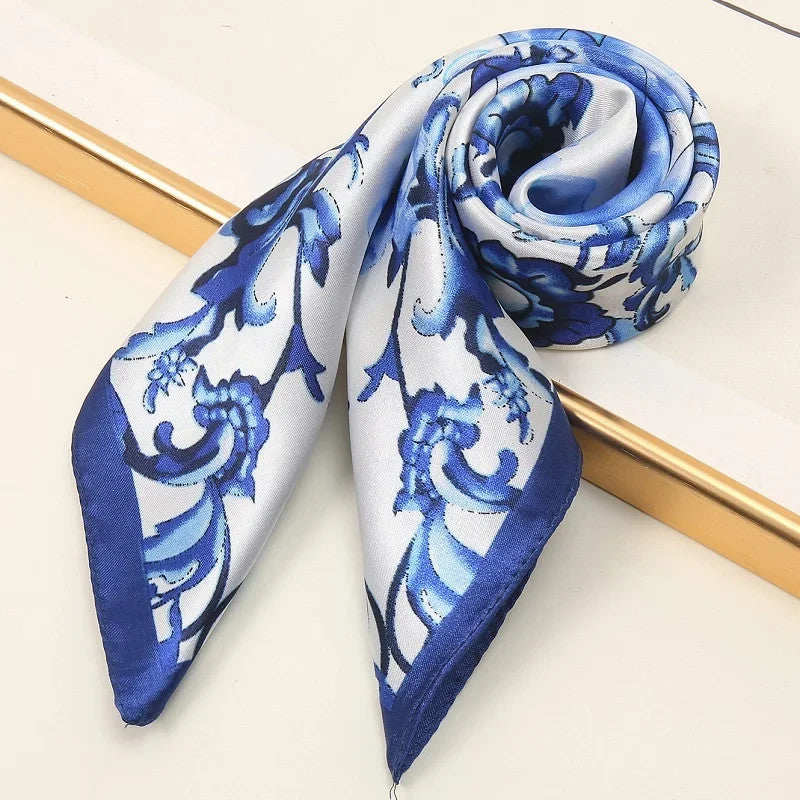 Blue and White Porcelain Satin Silk Square Scarf Digital Print Headscarf Ladies