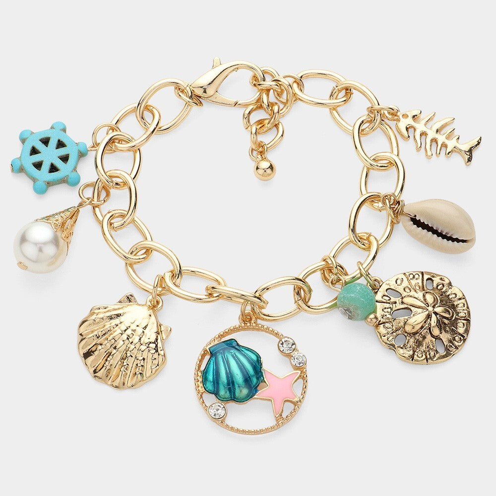 Shell Pearl Anchor Charm Embellished Chain Bracelet for Women Nautical Jewelry