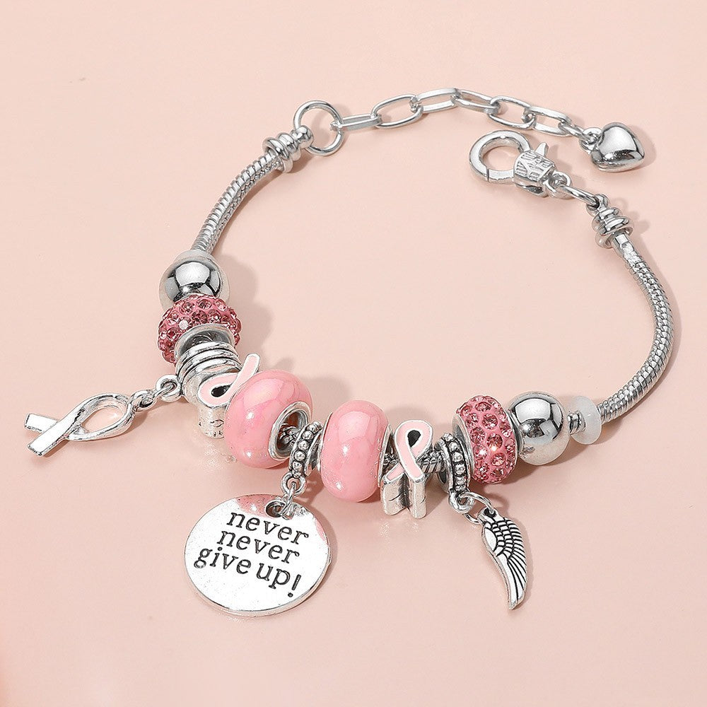 Never Give Up Pink Ribbon Charm Wing Disc Multi Beaded Bracelet for Women