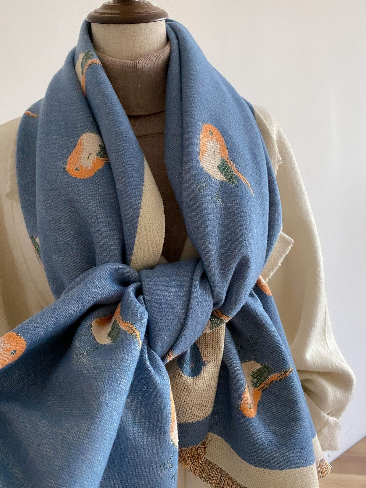 Luxurious Blue Knit Wool Feel Shawl Scarf with Bird Motif Unisex Winter Wrap
