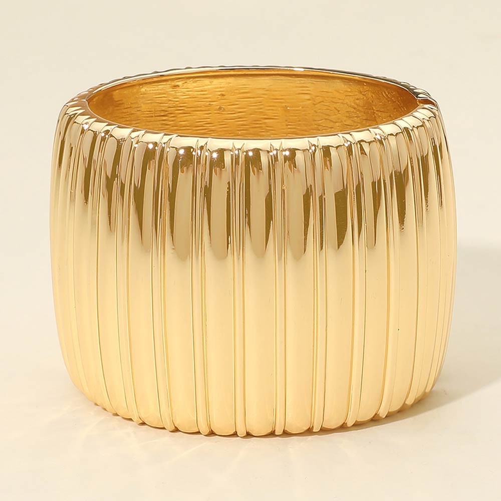 Gold Ribbed Cuff Bracelet Wide Chunky Hinged Bangle Statement Jewelry