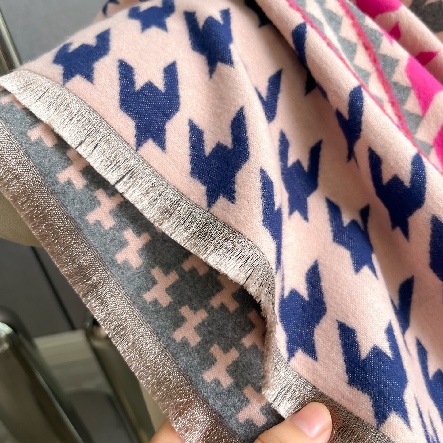 Cashmere Feel Houndstooth Geo Print Scarf Shawl Pink Blue Gray Winter Wrap
