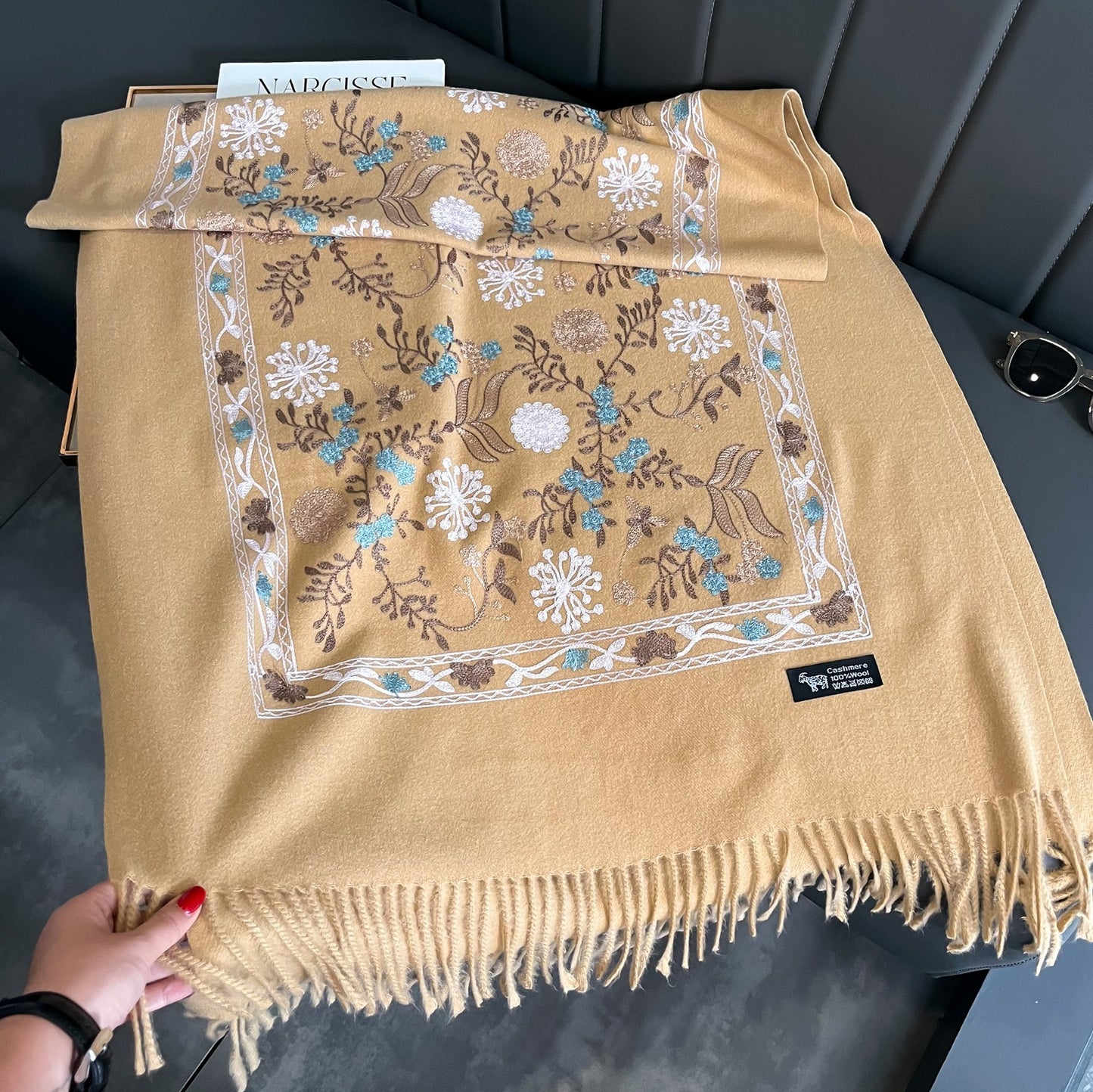 Floral Embroidered Yellow Cashmere Wool Scarf Shawl Wrap 78.7 x 27.6 Inches