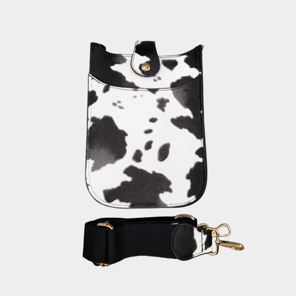 Cattle Patterned Faux Leather Crossbody Bag Black White with Magnetic Closure