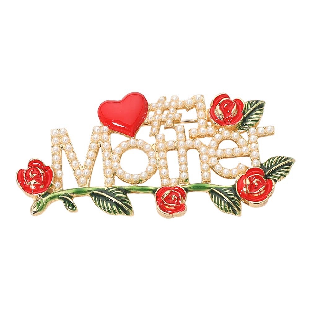 Gold Faux Pearl #1 Mother Brooch Pin with Red Roses and Heart Accent
