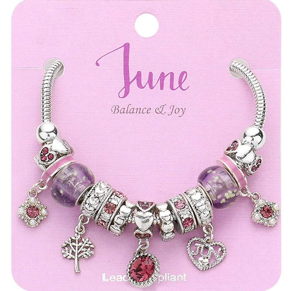 June Birthstone Charm Bracelet | Pink Crystal Beaded Jewelry for Women Gift Idea