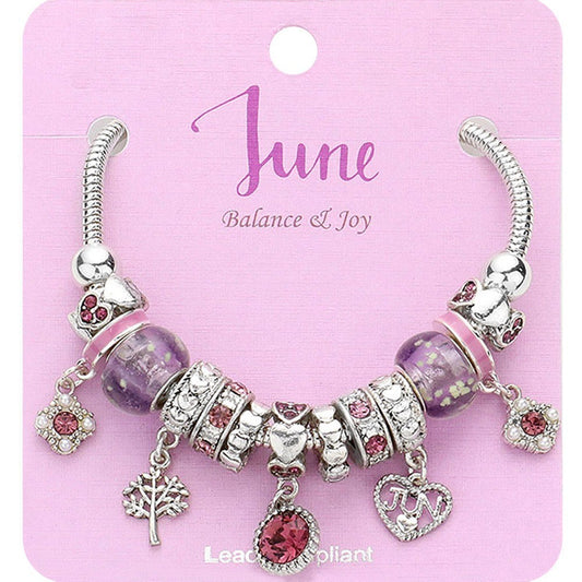 June Birthstone Charm Bracelet | Pink Crystal Beaded Jewelry for Women Gift Idea
